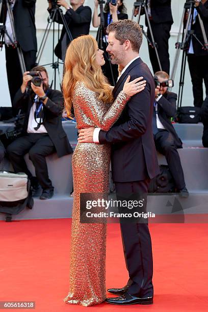 Amy Adams and Darren Le Gallo attend the premiere of 'Nocturnal Animals' during the 73rd Venice Film Festival at Sala Grande on September 2, 2016 in...