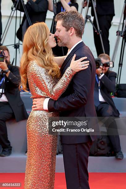 Amy Adams and Darren Le Gallo attend the premiere of 'Nocturnal Animals' during the 73rd Venice Film Festival at Sala Grande on September 2, 2016 in...