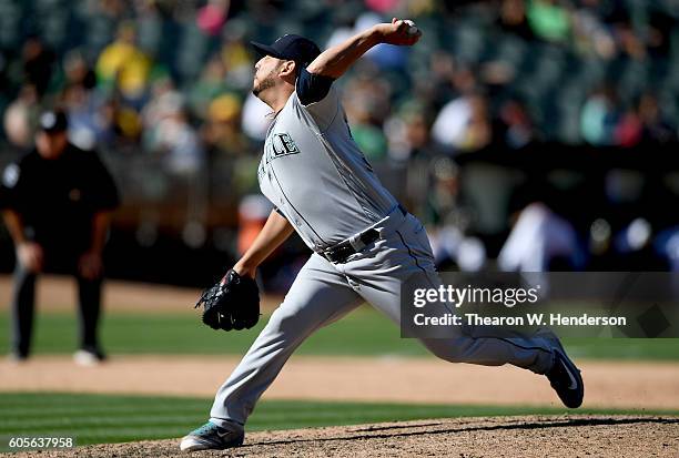 Vidal Nuno of the Seattle Mariners pitches against the Oakland Athletics in the bottom of the ninth inning at Oakland-Alameda County Coliseum on...