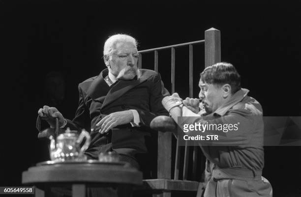 French actors Georges Wilson and Robert Hirsch perform during a rehearsal of the play "La Resistible Ascension d'Arturo Ui" written by Bertolt...