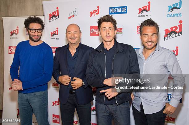 Manu Levy, Sebastien Cauet, Guillaume Pley and MIKL pose at the Photocall of NRJ Group at Musee du Quai Branly on September 14, 2016 in Paris, France.