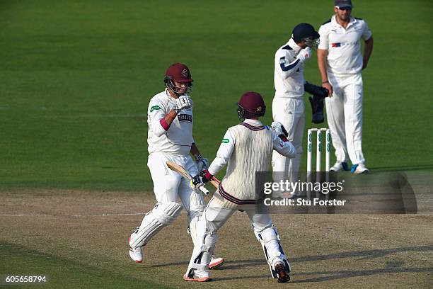 Somerset batsmen Marcus Trescothick and Tom Aabell celebrate victory during day three of the Division One Specsavers County Championship match...