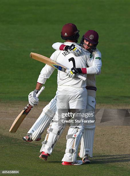 Somerset batsmen Marcus Trescothick and Tom Aabell celebrate victory during day three of the Division One Specsavers County Championship match...