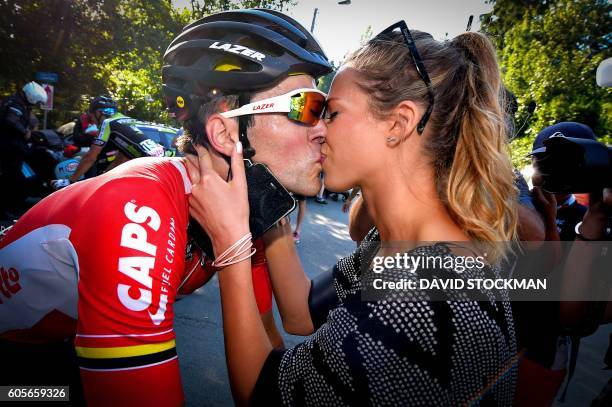 French Tony Gallopin of Lotto Soudal kisses his wife Marion Rousse after winning the 56th edition of the Grand Prix de Wallonie one day cycling race...