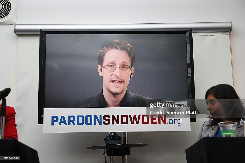 Edward Snowden Speaks Via Video Conference At Launch Of Campaign Calling On Obama To Pardon Him