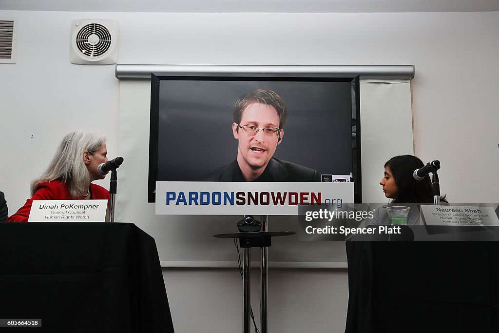 Edward Snowden Speaks Via Video Conference At Launch Of Campaign Calling On Obama To Pardon Him