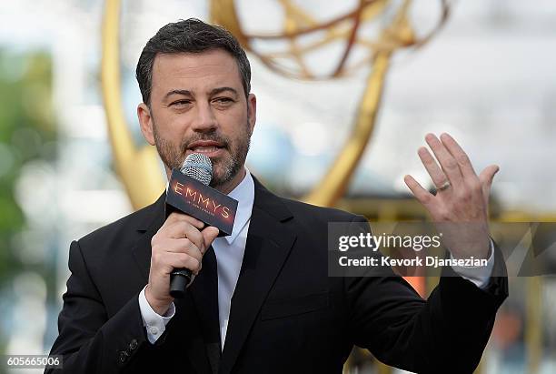 Host Jimmy Kimmel speaks during the red carpet rollout for the 68th Emmy Awards press preview day at Microsoft Theater on September 14, 2016 in Los...