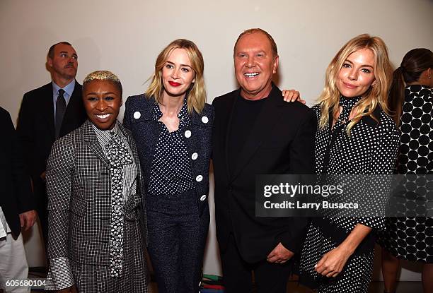 Actress Cynthia Erivo, actress Emily Blunt, fashion designer Michael Kors, and actress Sienna Miller backstage at the Michael Kors Spring 2017 Runway...