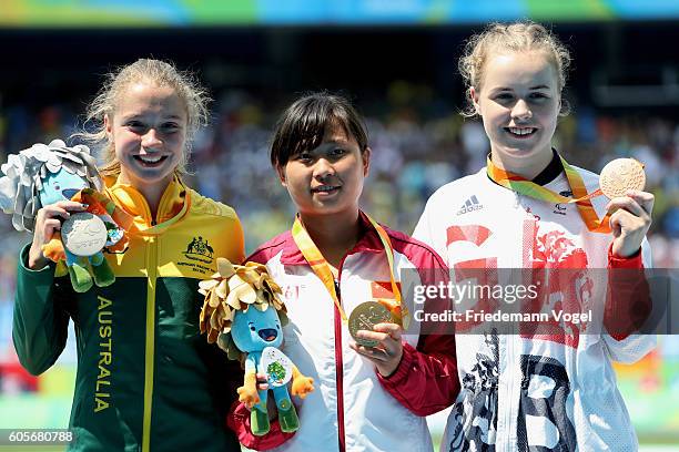 Silver medalist Isis Holt of Australia, Gold medalist Zhou Xia of China and Maria Lyle of Great Britain pose on the podium at the medal ceremony for...