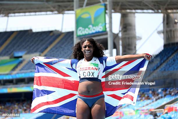 Kadeena Cox of Great Britain celebrates winning the gold medal in the Women's 400m - T38 on day 7 of the Rio 2016 Paralympic Games at the Olympic...