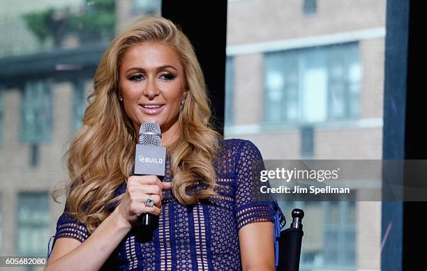 Paris Hilton attends the The BUILD Series Presents Paris Hilton discussing her latest fragrance "Gold Rush," her DJ residencies and a music career at...