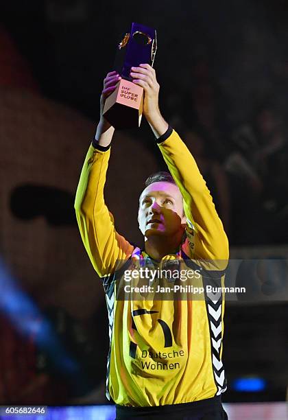 Petr Stochl of Fuechse Berlin presented the Handball world cup before the game between Fuechse Berlin and the GWD Minden on september 14, 2016 in...