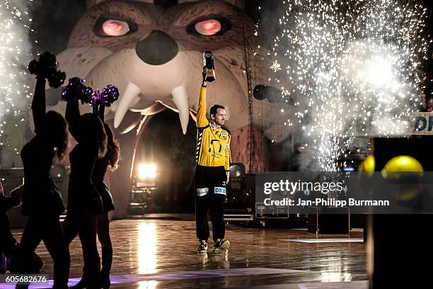 Petr Stochl of Fuechse Berlin presented the Handball world cup before the game between Fuechse Berlin and the GWD Minden on september 14, 2016 in...