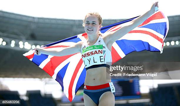 Maria Lyle of Great Britain celebrates winning the bronze medal in the Women's 100m - T35 on day 7 of the Rio 2016 Paralympic Games at the Olympic...