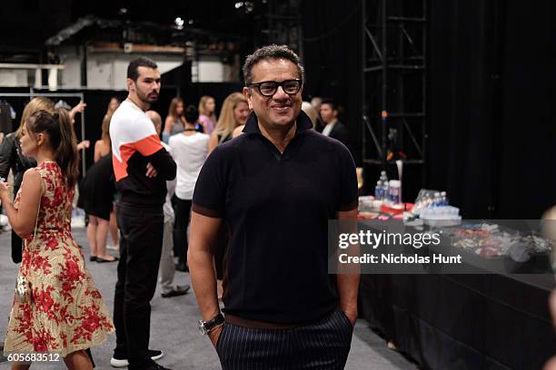 Designer Naeem Khan poses backstage at the Naeem Khan fashion show during New York Fashion Week: The Shows at The Arc, Skylight at Moynihan Station...
