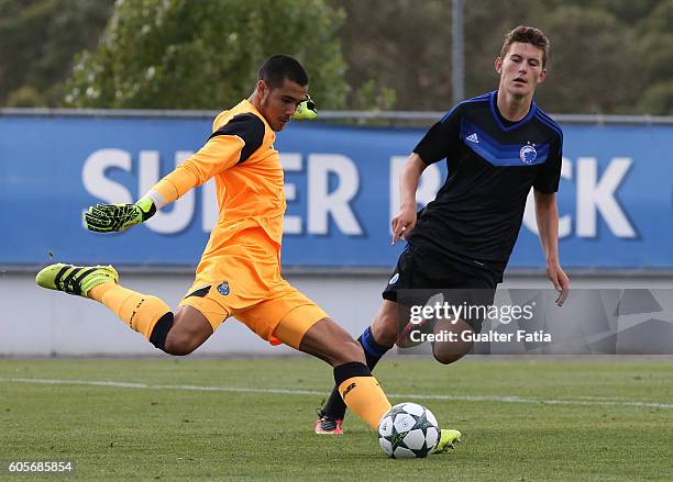 Porto's goalkeeper Diogo Costa with FC Copenhagen's forward Jonas Wind in action during the UEFA Youth Champions League match between FC Porto and FC...