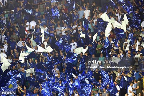 Leicester City fans show their support prior to the UEFA Champions League match between Club Brugge KV and Leicester City FC at Jan Breydel Stadium...