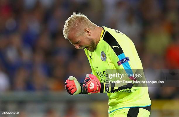 Kasper Schmeichel of Leicester City celebrates his teams opener during the UEFA Champions League match between Club Brugge KV and Leicester City FC...