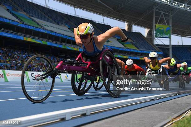 Amanda McGrory of the United States competes in the Women's 5000m - T54 Heat on day 7 of the Rio 2016 Paralympic Games at the Olympic Stadium on...