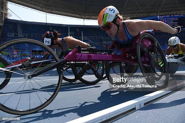 Chelsea McClammer and Amanda McGrory of the United States compete in the Women's 5000m - T54 Heat on day 7 of the Rio 2016 Paralympic Games at the...