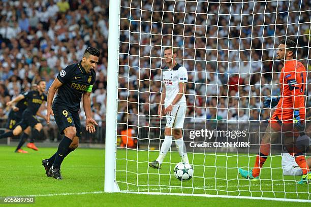 Monaco's Colombian forward Radamel Falcao celebrates their second goal during the UEFA Champions League group E football match between Tottenham...