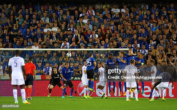 Riyad Mahrez of Leicester City scores from a free kick during the UEFA Champions League match between Club Brugge KV and Leicester City FC at Jan...