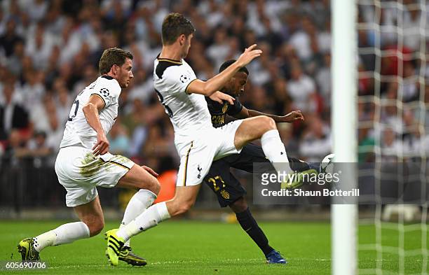 Thomas Lemar of AS Monaco scores his teams second during the UEFA Champions League match between Tottenham Hotspur FC and AS Monaco FC at Wembley...
