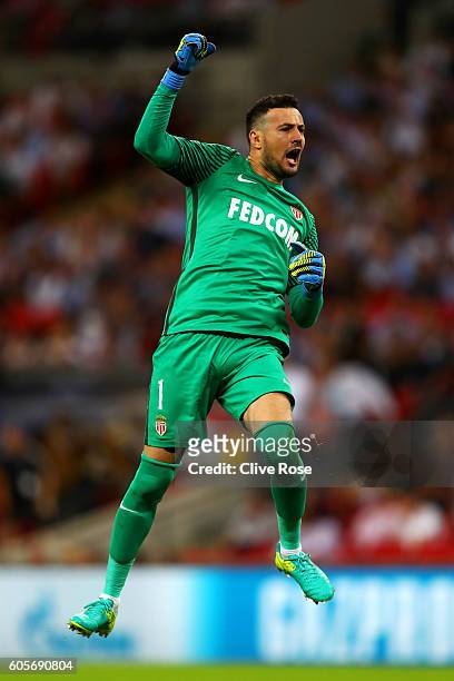 Danijel Subasic of AS Monaco celebrates his teams second during the UEFA Champions League match between Tottenham Hotspur FC and AS Monaco FC at...