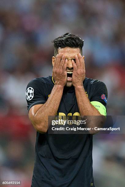 Monaco's Radamel Falcao Garcia reacts to missing a chance during the UEFA Champions League match between Tottenham Hotspur FC and AS Monaco FC at...