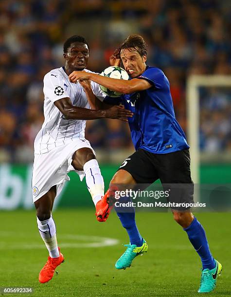 Daniel Amartey of Leicester City and Tomas Pina of Club Brugge in action during the UEFA Champions League match between Club Brugge KV and Leicester...