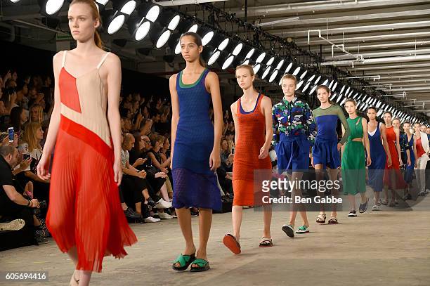 Models walk the runway during the Boss Womenswear fashion show during New York Fashion Week September 2016 at The Gallery, Skylight at Clarkson Sq on...