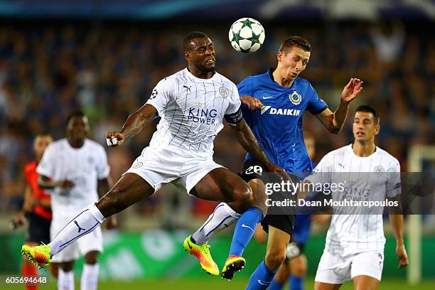 Hans Vanaken of Club Brugge and Wes Morgan of Leicester City in action during the UEFA Champions League match between Club Brugge KV and Leicester...