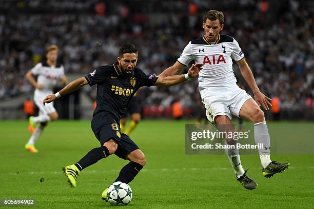 Joao Moutinho of AS Monaco and Jan Vertonghen of Tottenham Hotspur in action during the UEFA Champions League match between Tottenham Hotspur FC and...