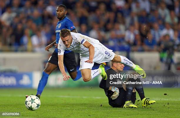 Jamie Vardy of Leicester City is brought down by goalkeeper Ludovic Butelle of Club Brugge leading to a penalty during the UEFA Champions League...