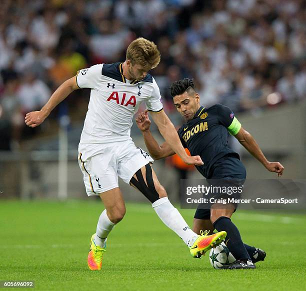 Monaco's Radamel Falcao Garcia evades the challenge of Tottenham Hotspur's Eric Dier during the UEFA Champions League match between Tottenham Hotspur...