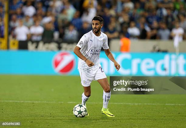 Riyad Mahrez of Leicester City in action during the Champions League tie between Club Brugge and Leicester City at Jan Breydel Stadium on September...