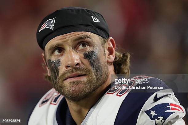 Defensive end Chris Long of the New England Patriots on the bench during the NFL game against the Arizona Cardinals at the University of Phoenix...