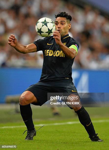 Monaco's Colombian forward Radamel Falcao controls the ball during the UEFA Champions League group E football match between Tottenham Hotspur and...