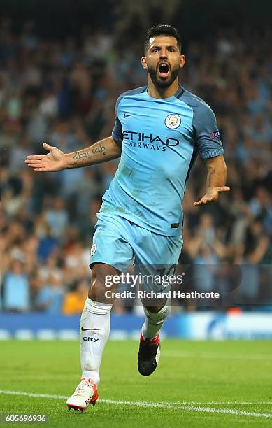 Sergio Aguero of Manchester City celebrates scoring his third during the UEFA Champions League match between Manchester City FC and VfL Borussia...