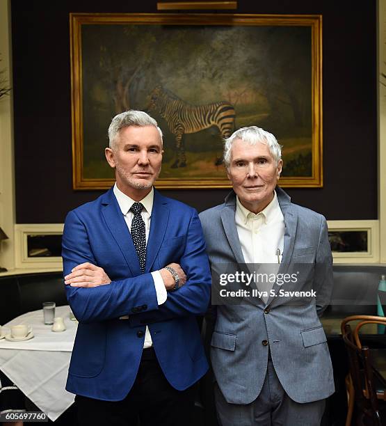 Baz Luhrmann and Glenn O'Brien pose during Tea At The Beatrice Inn With Glenn O'Brien Featuring Baz Luhrmann on September 14, 2016 in New York City.