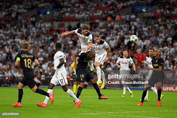 Jan Vertonghen of Tottenham Hotspur heads on goal during the UEFA Champions League match between Tottenham Hotspur FC and AS Monaco FC at Wembley...