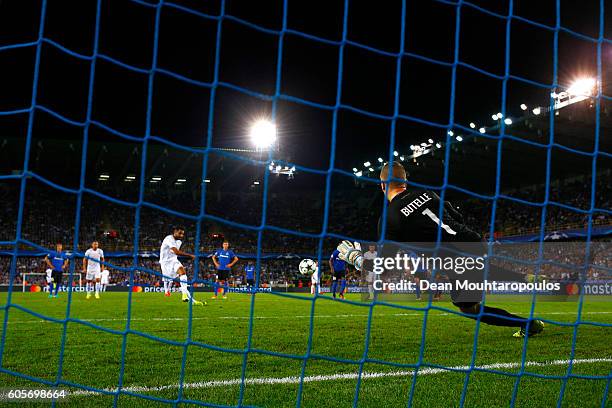 Riyad Mahrez of Leicester City scores his teams third from the spot during the UEFA Champions League match between Club Brugge KV and Leicester City...