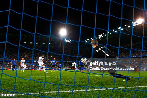 Riyad Mahrez of Leicester City scores his teams third from the spot during the UEFA Champions League match between Club Brugge KV and Leicester City...
