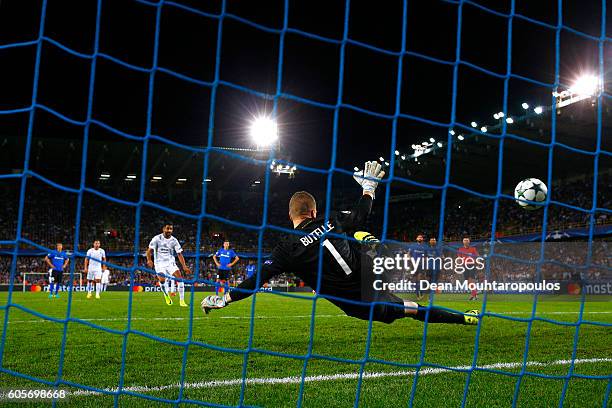 Riyad Mahrez of Leicester City scores his teams third from the spot during the UEFA Champions League match between Club Brugge KV and Leicester City...