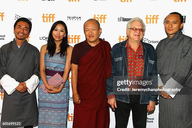 Actor Tshering Dorj, actor Sadon Lhamo, director Khyentse Norbu, executive producer Jeremy Thomas, and producer Pawo Choyning Dorji attend the "Hema...