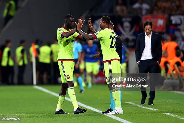 Lacina Traore of CSKA Moscow is replaced by substitute Carlos Strandberg of CSKA Moscow during the UEFA Champions League match between Bayer 04...