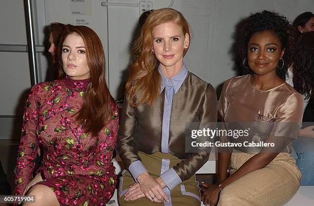 Actresses Emily Tremaine, Sarah Rafferty, and Patina Miller attend the Georgine fashion show during New York Fashion Week September 2016 at The...