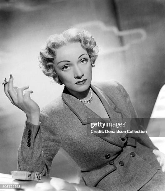 German and American actress and singer Marlene Dietrich in a promotional portrait for 'Stage Fright' directed by Alfred Hitchcock, 1950. She is...