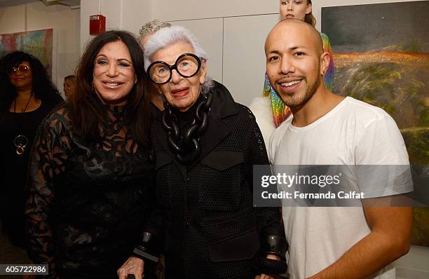 Designer Adrienne Landau, Iris Apfel and Saulo Villela attend the Adrienne Landau presentation at the Adrienne Landau showroom on September 14, 2016...