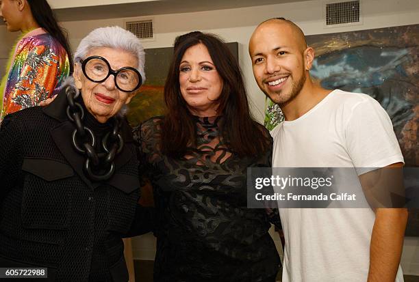 Designer Adrienne Landau, Iris Apfel and Saulo Villela attend the Adrienne Landau presentation at the Adrienne Landau showroom on September 14, 2016...